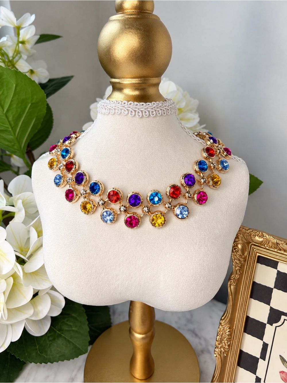 Multicolor Gold Crystal Statement Necklace - Picture 3 of 5